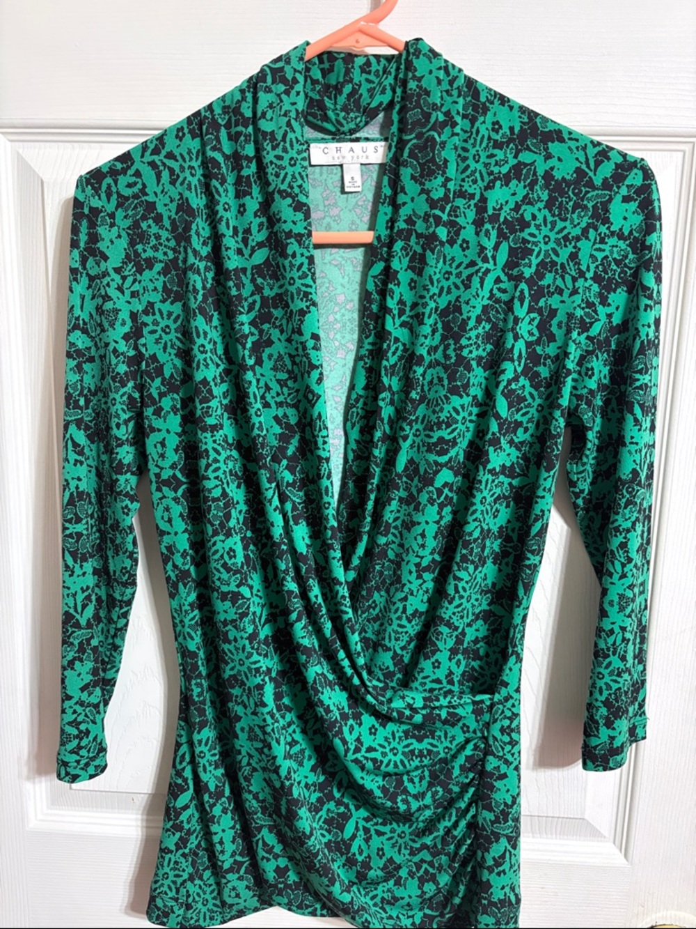 Chaus Black & Green Floral Faux-Wrap Blouse